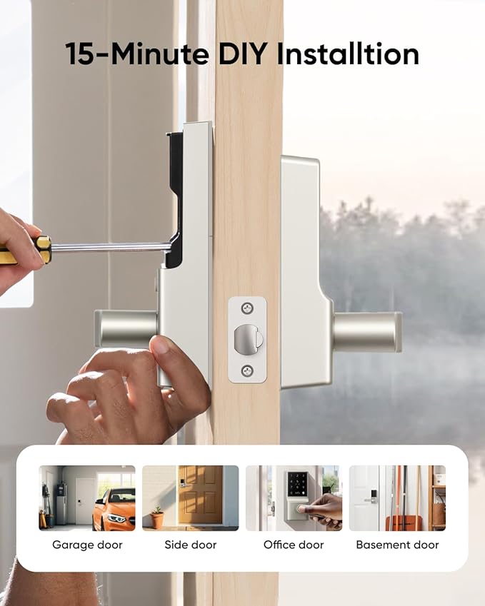 eufy Smart Lock C33, Keypad Door Lock with Handle, Fingerprint Door Knob, Keyless Entry Door Lock for Front Door and Bedrooms, Electronic Deadbolt, Wi-Fi, Remote App Control, IP53 Waterproof, Nickel