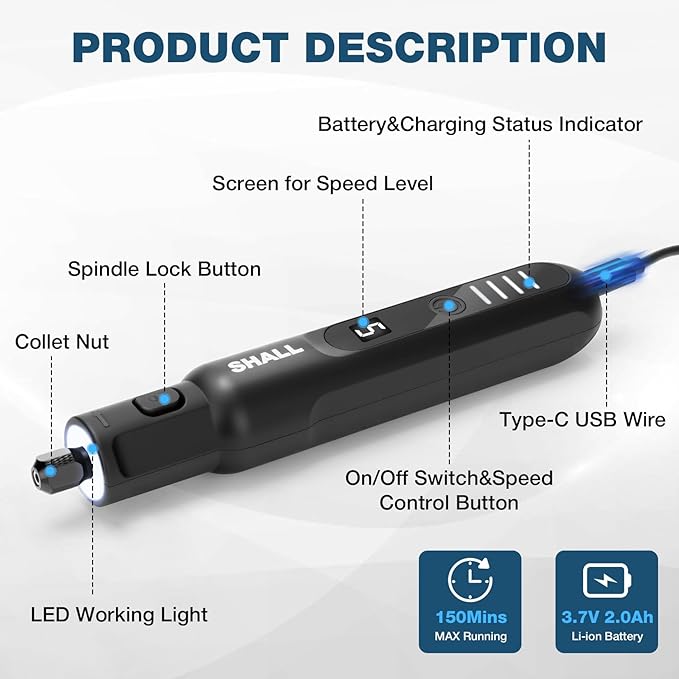 SHALL Cordless Rotary Tool Kit, 3.7V Mini Rotary Tool with 5 Speed and 104 Accessories, Multi-Purpose Power Engraving Tool for Sanding, Cutting, Carving, Drilling, Polishing, DIY Crafts - Type-C
