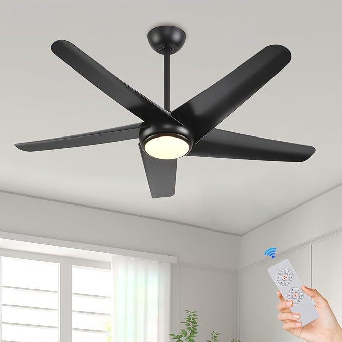 KINDLOV 52 inch Ceiling Fans with Lights and Remote,Outdoor Ceiling Fan with Light,6 Speeds,3CCT,Black Modern Ceiling Fan for Bedroom,Patio,Living Room,Indoor/Outdoor Use