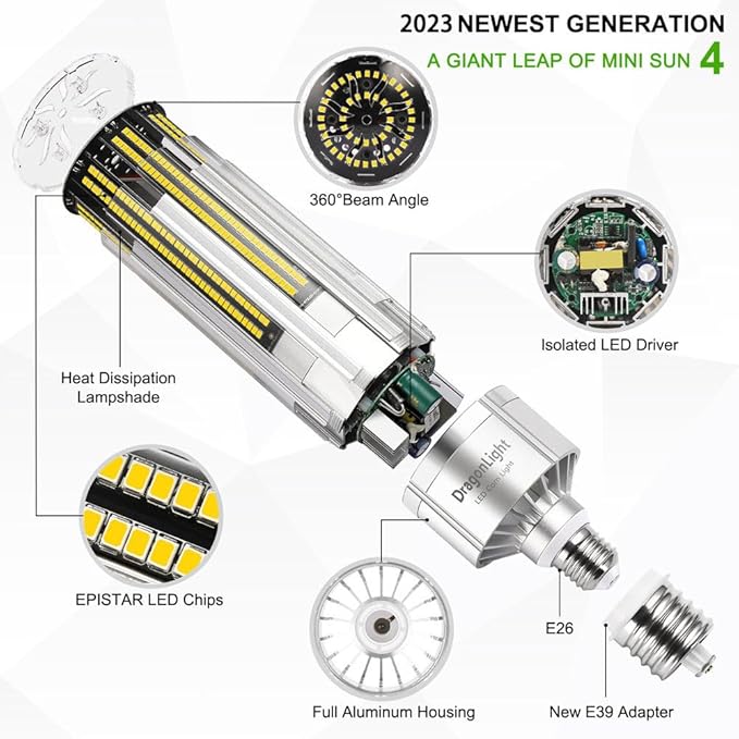 DragonLight Upgraded 120W Commercial Grade Corn LED Light Bulb Fanless (400 Watt MH/HPS Replacement) E26/E39 Large Mogul Base LED Lamp 5000K Daylight 14,400LM Good for Enclosed Fixtures