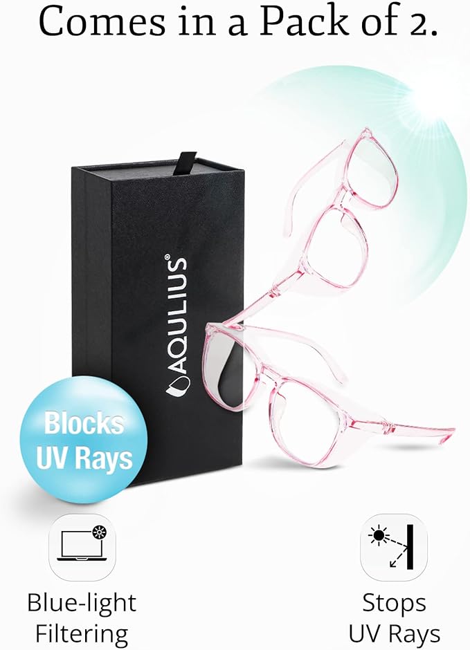 Aqulius 2 Pack Stylish Safety Glasses Goggles, Scratch Resistant, Safety Glasses for Women, Blue Light, Glasses for Nurses
