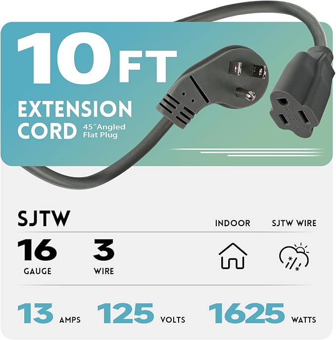 EP 10 Ft Flat Plug Extension Cord, 16 AWG 3 Prong Grounded Grey Low Profile Extension Cable for Indoor