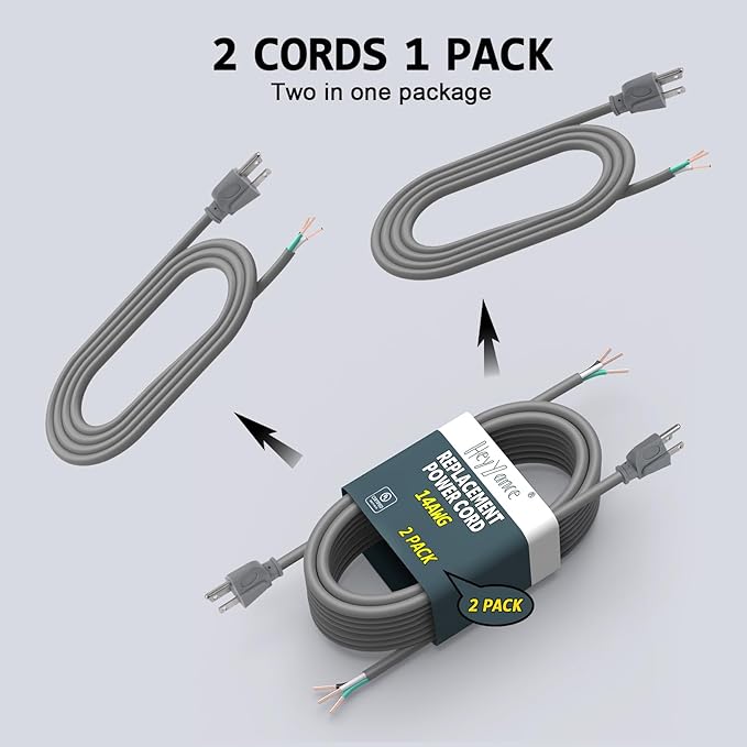 2 Pack 12 ft 14/3C SJTW Appliance and Power Tool Cord, 14 Gauge 3 Prong Heavy Duty Replacement Power Supply Cord Cable, 110V 115V 120V AC Pigtail, 15A, 1875w