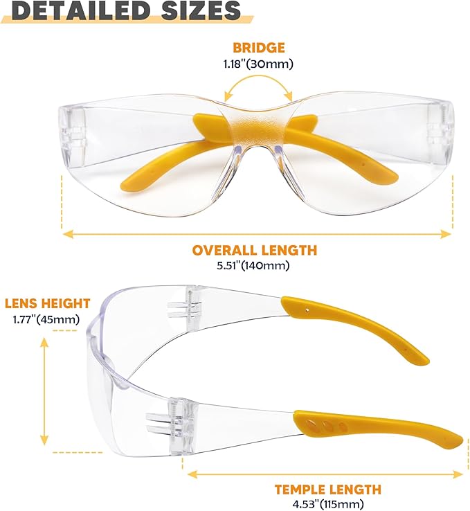 Clear Safety Glasses 24PK, Protective Eyewear Polycarbonate Lens with Rubber Temples ANSI Z87.1 Anti-Scratch Impact Resistant Eye Protection for Man Woman Clear Lens/Yellow Frame