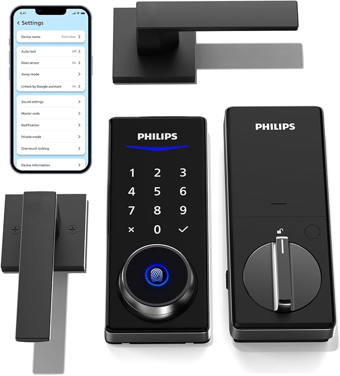Philips Smart Lock with Handles, Keyless Entry Door Lock Set, Smart Door Lock with 2 Level Handles, Digital Keypad Deadbolt for Front Door, App Fingerprint PIN Code Unlocking, Auto Locking
