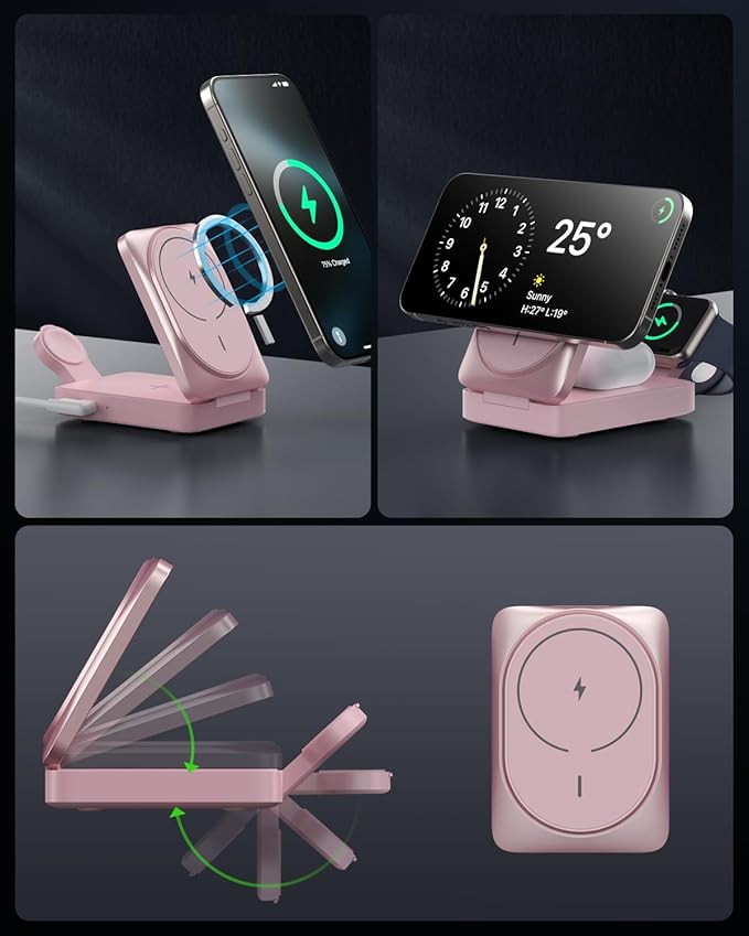 3-in-1 Wireless Charger Charging Station for iPhone, Qi2 Certified 15W Fast Charging Foldable Magnetic Charger Stand with 30W USB C Adapter for MagSafe iPhone 16/15/14/13/12, Apple Watch, AirPods