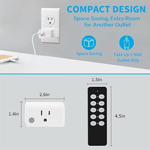 Wireless Remote Control Outlet Plug, Remote Light Switch Kit for Lights, Fans, Small Appliance, Long Range White (5 Outlets + 2 Remotes) 1800W/15A white black (RSL010R/RSL020T-B)