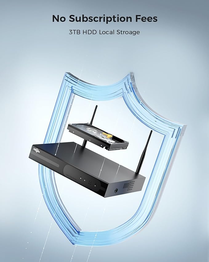 Hiseeu Wireless Security Camera Outdoor, 16CH 5MP WiFi Pro 8-Camera Kit, Wireless Security Camera System, Black Home Safety System, Need Plug-in,Motion, IP66, 3TB Storage, No Monthly Fees