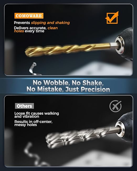 COMOWARE Titanium Twist Drill Bit Set - 16 Pcs Hex Shank High Speed Steel for Wood Plastic Aluminum Alloy, Quick Change, 1/16"-1/4"