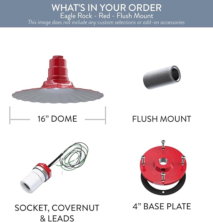 Steel Lighting Co. Eagle Rock Pendant | Ceiling Mounted Light | 16 inch Radial Wave | Flush Mount | Heavy Duty Steel Retro Farmhouse Style Made in America | Red Exterior/White Interior