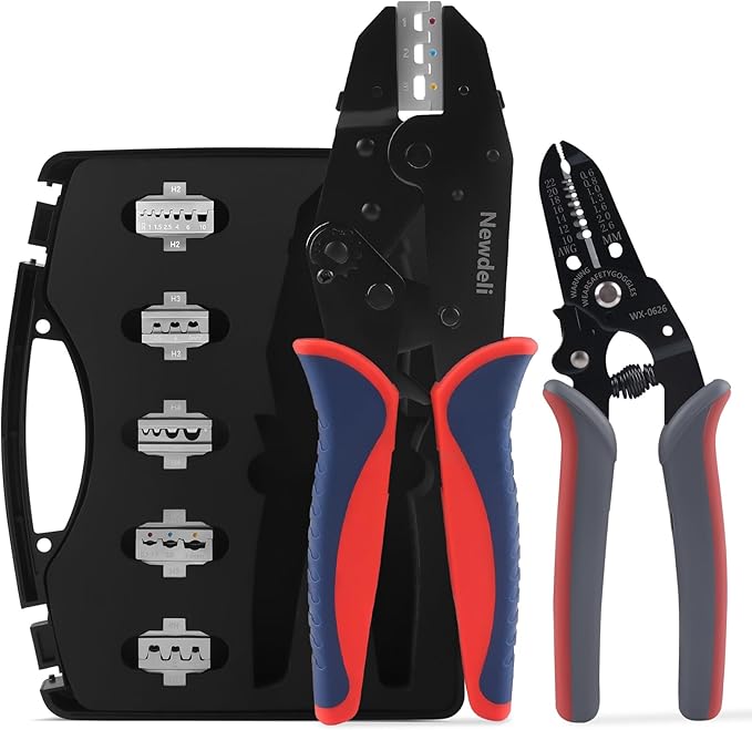 Newdeli Wire Crimping Tool Kit 7PCS Ratchet Wire Crimper Plier for Heat Shrink Connectors Ferrule Connectors Solar Connectors Open Barrel Connectors Insulated Nylon & Non-insulated Ring Terminals