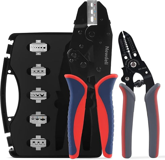 Newdeli Wire Crimping Tool Kit 7PCS Ratchet Wire Crimper Plier for Heat Shrink Connectors Ferrule Connectors Solar Connectors Open Barrel Connectors Insulated Nylon & Non-insulated Ring Terminals
