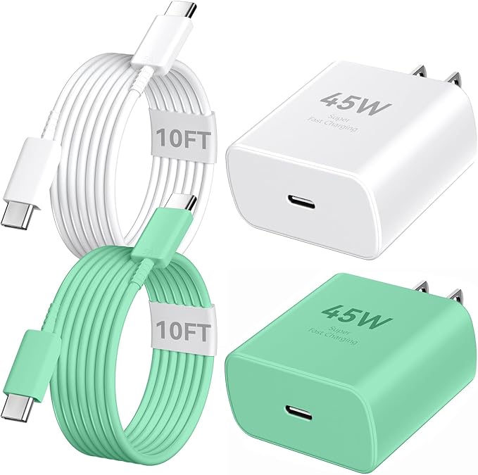 Phone 16 Pro Max Charger Fast Charging, 45W Super Fast USB C Charger Block with 10FT Long Charging Cord Cable for Phone 16 Pro Max/16 Pro/16/16 Plus,15 Pro Max/15 Pro/15,Android Phone-White&Green