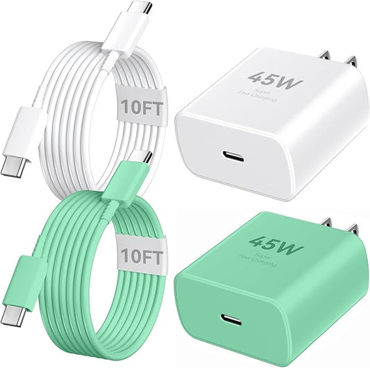 Phone 16 Pro Max Charger Fast Charging, 45W Super Fast USB C Charger Block with 10FT Long Charging Cord Cable for Phone 16 Pro Max/16 Pro/16/16 Plus,15 Pro Max/15 Pro/15,Android Phone-White&Green