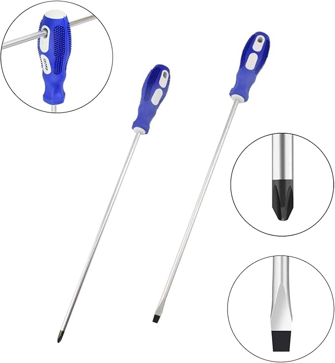 Slotted and Phillips Screwdriver, 10" Long Cross-head & Flat Blade （PH2-）, 2 Packs Magnetic Screwdriver with Rubber Handle (10 inch)