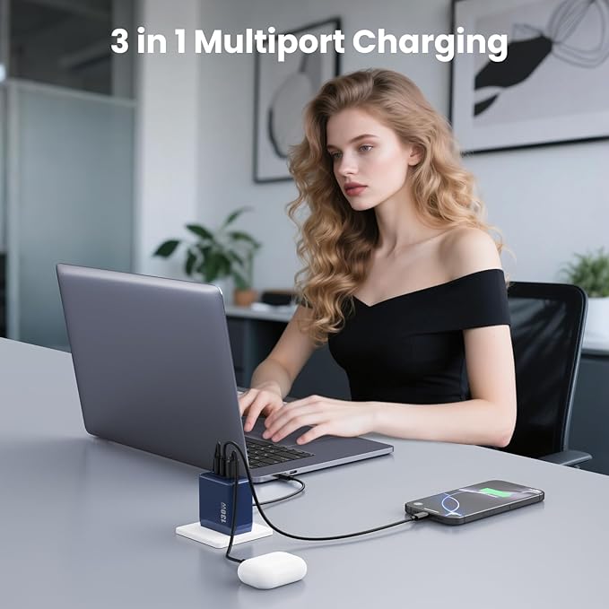 130W USB C Charger Block,3-Port GaN Fast Charger,Compact Foldable Type C Fast Charging Wall Charger,PD QC 65W USB C laptop Charger for MacBook Pro/Air,iPad Pro,iPhone16/15,Galaxy Series,Dell XPS(Blue)