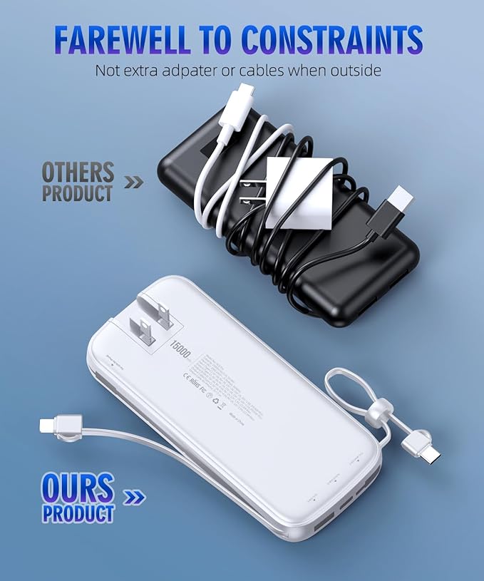 UYAYOHU Portable Charger, Power Bank, 15000mAh Battery Pack Fast Charging Lightweight, Built-in AC Wall Plug and 2 Output Cables with LED Display for iPhone15 14 13 12 11 Samsung iPad etc(White)