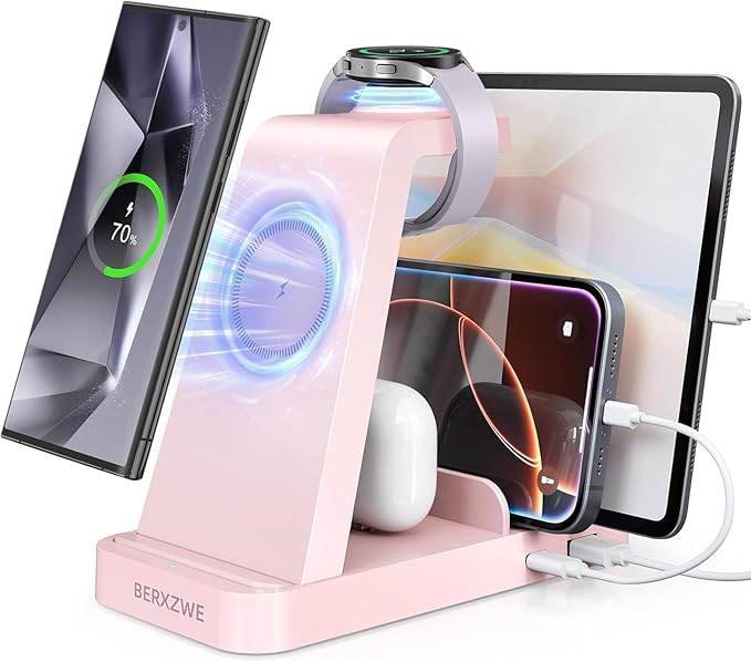 Wireless Charger for Samsung, 5 in 1 Wireless Charging Station for Samsung, Charger Dock Stand for Galaxy Watch Ultra 7 6 5 4 3, Galaxy S25 S24 Ultra S23 S22 S21, Note 20 10 Z Fold Buds, Pink