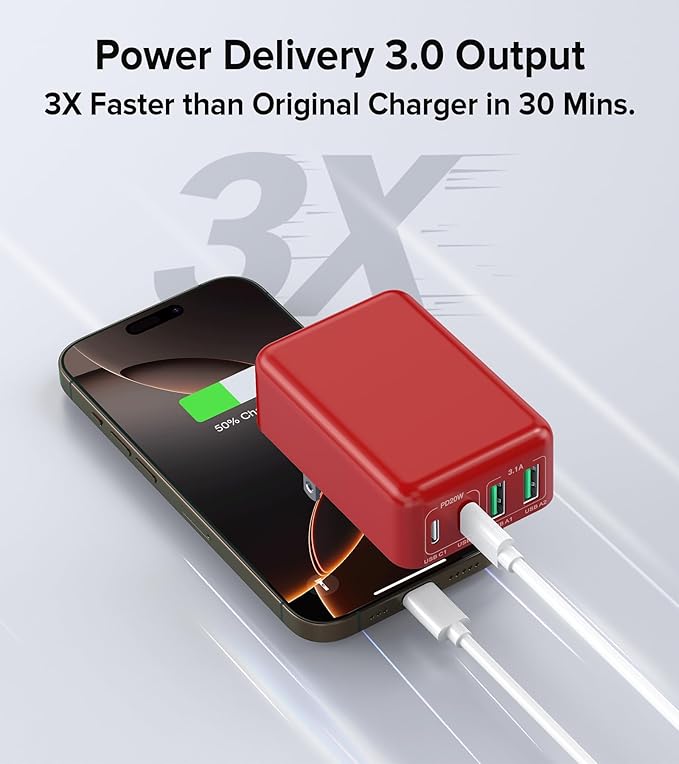 [2-Pack] Flat USB C Wall Charger,40W Fast USB C Charger Block,4-Port PD Power Adapter +QC Wall Plug Multiport Type C Charging Block Cube Compatible with iPhone 16 15 14 13 12 11 Pro Max XR XS 8 7(Red)