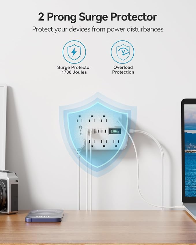 2 Prong Extension Cord with Multi Plug Outlet Surge Protector (1700J), 3 Prong to 2 Prong Adapter, 1875W Appliance Extension Cord 3 FT with 8 Outlets 3 USB-A and 3 USB-C, Wall Mountable for Old House