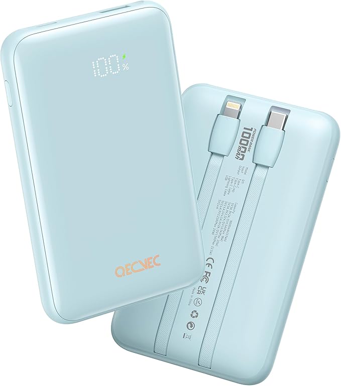 Portable Charger 10000mAh, Cell Phone Portable Power Banks with 22.5W PD Fast Charging, Compact Phone Charger Built in Cable, Compatible with Apple, Samsung, Google, Motorola and More