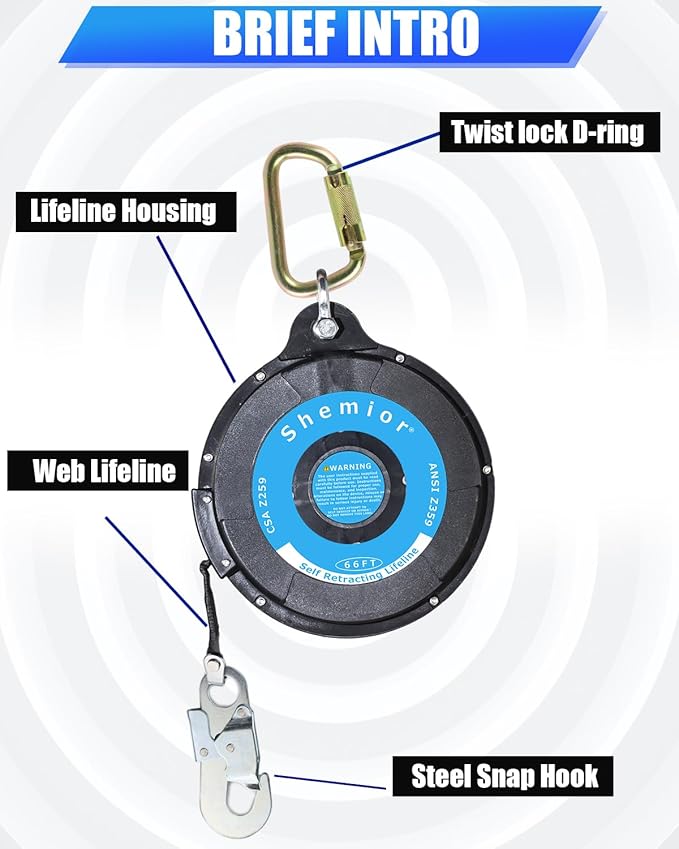 66FT Self Retracting Lifeline, No Tangle Lightweight Housing Web SRL, Self Retractable Safety Lanyard, Fall Arrest Protection PPE Gear for Roofing Construction, OSHA/ANSI Compliant
