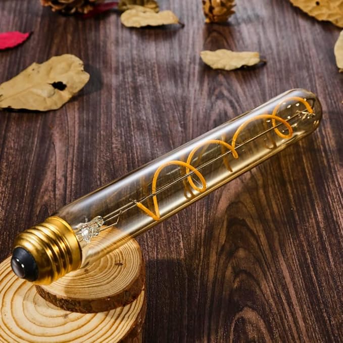 Leools Vintage LED Spiral Filament Bulb T10, 8.9inch Long Tubular Dimmable Edison Light Bulbs,E26 Base,Amber Glass,Warm White,2200K, 400LM(40W Equivalent), Pack of 4