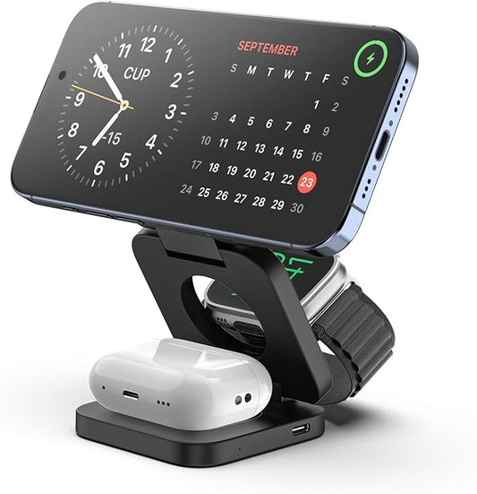 Fast Wireless Charger, Magnetic Foldable 3 in 1 Charging Station for iPhone 16/15/14/13/12/Pro/Plus/Pro Max, 5W Portable Charger for Apple Watch10/9/8/7/6/5/4/3/SE, for Airpods3/2/Pro-Black