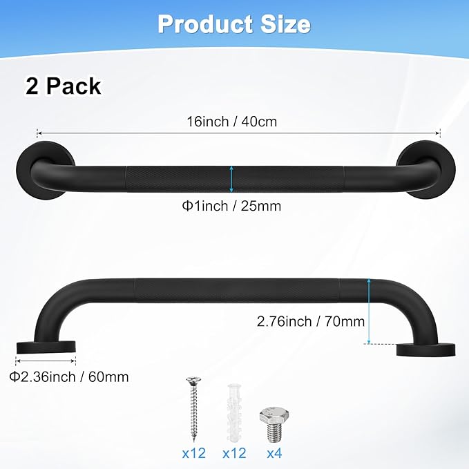 2-Pack 16 Inch Anti Slip Grab Bars for Bathtubs and Showers, Stainless Steel Safety Shower Handle for Bathroom/Toilet/Seniors/Elderly Assist Bath Handle [Black]
