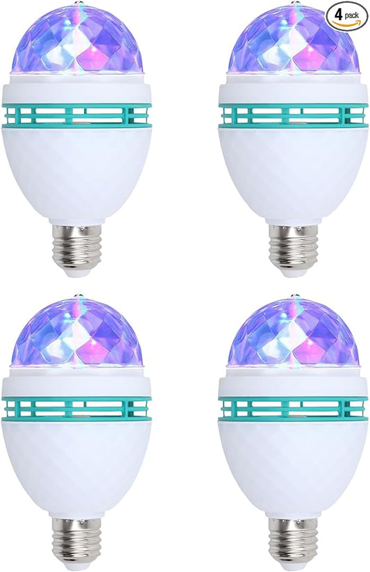 4 Pack Color Rotating Bulb E26 Party LED Bulbs,Multi Crystal Stage Lights for Disco,Color Changing Strobe RGB Bulb,Suitable for Indoor and Outdoor Birthday Parties,Clubs,Bars,Photography
