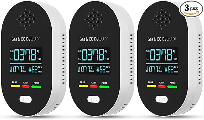 3-Pack Carbon Monoxide Detectors | Plug-in CO and Natural Gas Detector, 4-in-1 Gas & CO Detection with Temperature and Humidity Display for Home & Travel Safety-Black