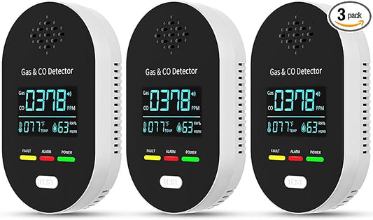3-Pack Carbon Monoxide Detectors | Plug-in CO and Natural Gas Detector, 4-in-1 Gas & CO Detection with Temperature and Humidity Display for Home & Travel Safety-Black