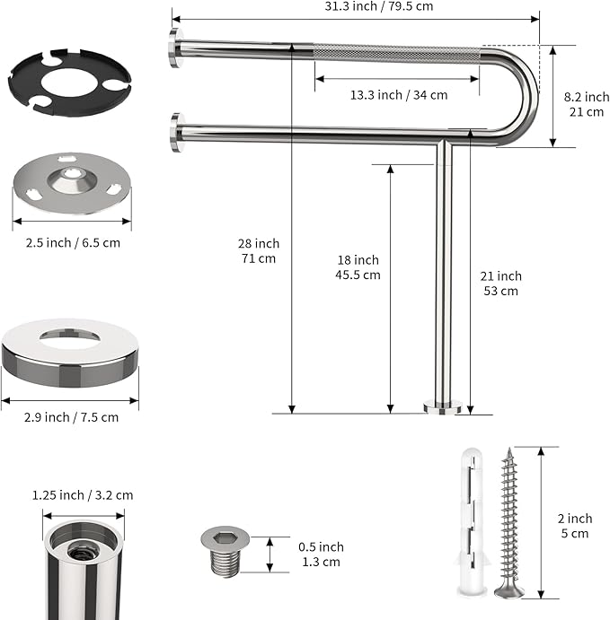 Toilet Grab Bar 31.3 Inch with Leg, YuanDe Chrome Anti-Slip Toilet Handrail, Wall & Floor Mounted Stainless Steel Grab Bar, Knurled Handicap Support Rail for Elderly, Disabled, Pregnant