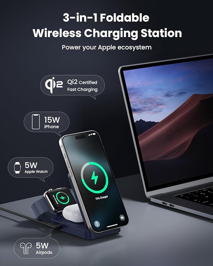 3-in-1 Wireless Charger Charging Station for iPhone, Qi2 Certified 15W Fast Charging Foldable Magnetic Charger Stand with 30W USB C Adapter for MagSafe iPhone 16/15/14/13/12, Apple Watch, AirPods