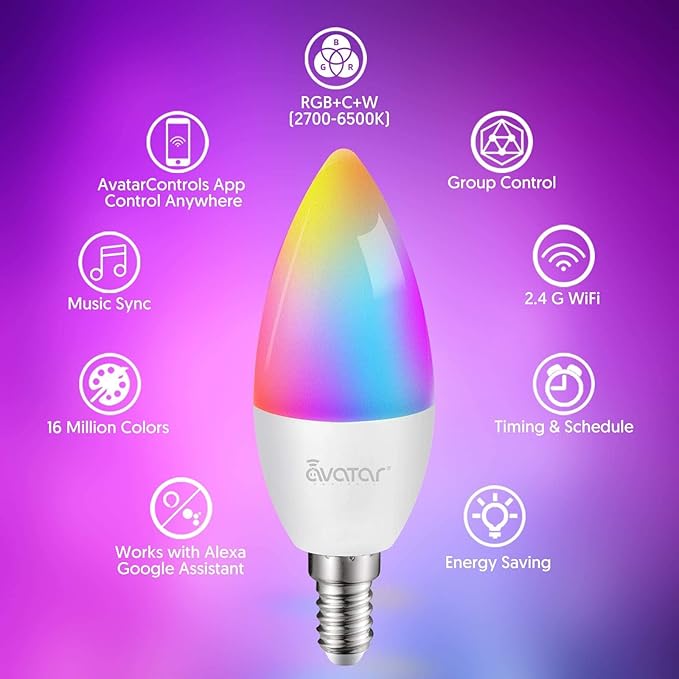 2 Pack E12 LED Light Bulb Compatible w/Google Siri Alexa Light Bulb 5W Type B Smart Bulb RGBCW 16 Million Color Changing Bulb 2.4G WiFi B11 Candelabra Bombillos Work w/Smart Life AvatarControls APP