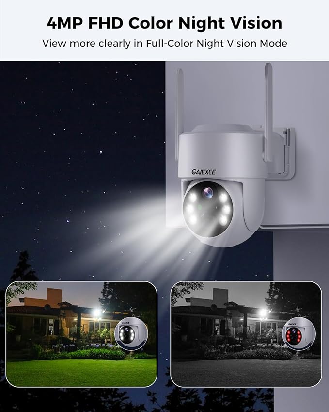 Wireless Solar Security Camera System, 【No Monthly Fee】 Solar-Powered Home Security Cameras System with 360° Pan & Tilt, PIR Motion Detection, 4MP Color Night Vision, 1T HDD