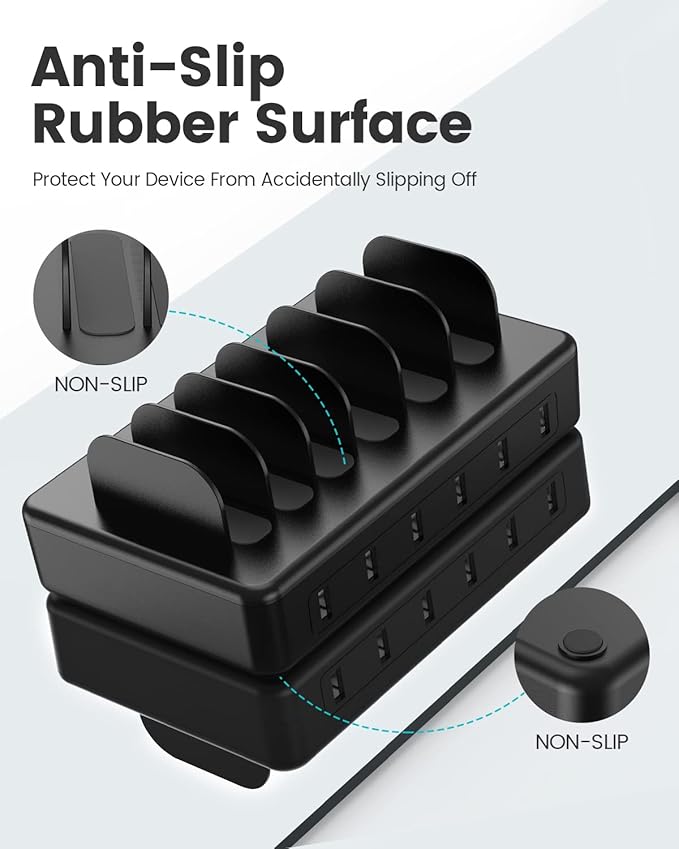 CREATIVE DESIGN 50W 6 Ports Multi Charger Station with 6 Charging Cables, USB Charging Dock for Multiple Devices, Compatible with Cellphone iPad Kindle Tablet and Other Electronic Devices