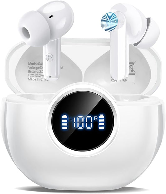 Wireless Earbuds 2025 NEW Bluetooth 5.4 Headphones Bass 3D Stereo, In-Ear Earphones with 4 ENC Noise Cancelling Mic, 48H Playtime with LED Display, IPX7 Waterproof for Laptop Pad Android iOS, White