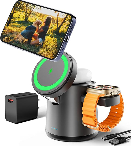 2025 Upgrade 3 in 1 Charging Station for Apple MagSafe Charger, Adjustable Portable Wireless Charging Stand, Fast Wireless Charger Dock for iPhone 16 15 14 13 12 Pro Max & Apple Watch AirPods (Gray)