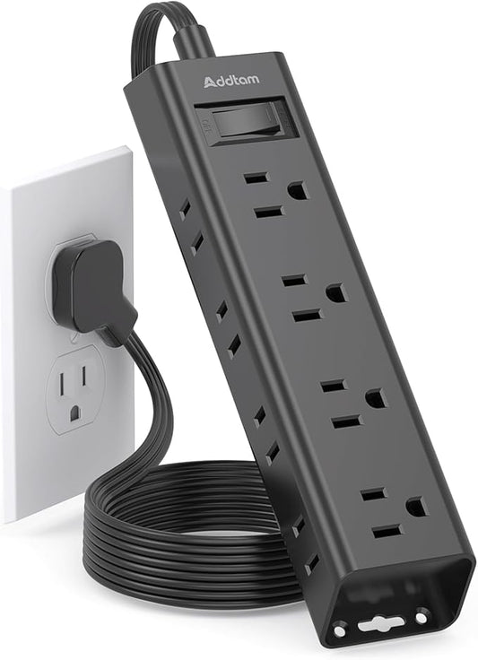 6Ft Surge Protector Power Strip - Flat Extension Cord, Addtam 12 Widely 3 Sides Outlet Extender, Wall Mount, Desktop Charging Station for Home Office College Dorm Room Essentials, Black