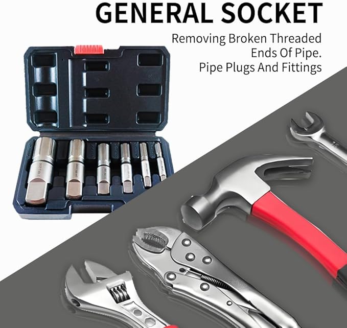 6-Piece Heavy Duty Pipe Extractor Set，Broken Pipe Removal Tool Kit for Removing Damaged Threaded Pipes & Fittings from 1/8" to 1", Pipe Easy Out Extractor Set ，Ideal Tools for Plumbers Mechanics DIY