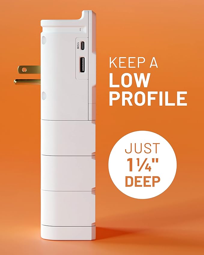 ECHOGEAR Wall Outlet with USB Ports & Surge Protection - Power Protect 8 Devices 6 Rotating AC Plugs 2 Includes 1x USB-C Port USB-A White