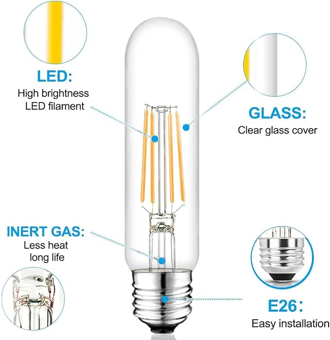 5 Inch E26 Led Bulb Equal 80 Watt, 3000K Warm White Edison Bulb 6W Dimmable, 800LM T10 T9 Clear Glass Tubular Light Bulbs AC 120V for Chandelier Pipe Pendant Wall Light - UL Cert 6Pack