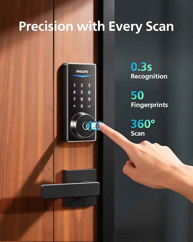 Philips Built-in WiFi Smart Lock, Keyless Entry Door Lock with App, Touchscreen, Indicator Light, Fingerprint Door Lock — Works with Alexa & Google, Splash-Proof Design, Includes 8 Batteries