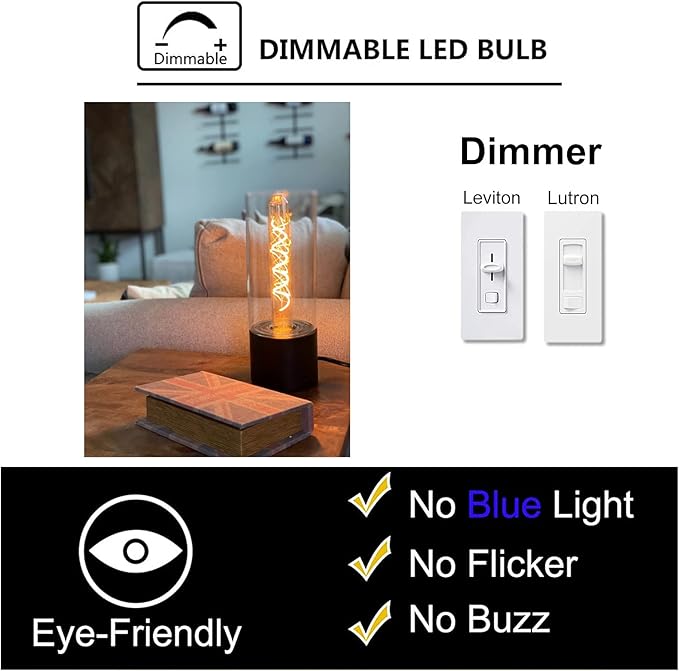 Dimmable 4W Tube LED Eison Bulb, T10 Vintage Long LED Bulb 40 Watt Equivalent Warm White 2700K, E26 Medium Base Amber Colored 7.3 Inch Long tubular edison bulb, 3 Pack