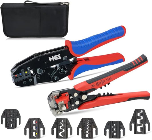 HKS Ratcheting Crimping Tool Set 9 PCS with Automatic Wire Stripper and Quick Exchange Jaw for Heat Shrink Terminals, Open Barrel, Solar Connector, Insulated and Non-Insulated Ferrules AWG 20-2