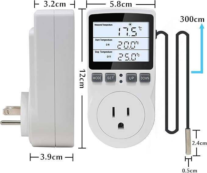Digital Temperature Controller Thermostat Outlet Plug 120V with LCD Backlight, Heating Cooling Temperature Controlled Outlet 110V 15A with 3m Sensor
