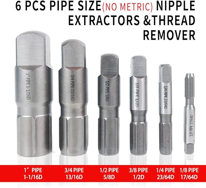 6-Piece Heavy Duty Pipe Extractor Set，Broken Pipe Removal Tool Kit for Removing Damaged Threaded Pipes & Fittings from 1/8" to 1", Pipe Easy Out Extractor Set ，Ideal Tools for Plumbers Mechanics DIY