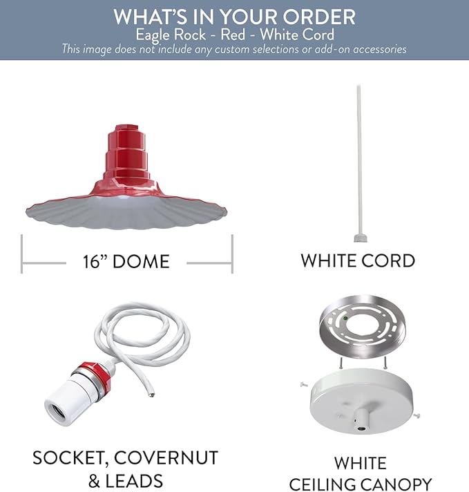 Steel Lighting Co. Eagle Rock Pendant | Ceiling Mounted Light | 16 inch Radial Wave | White Cord | Heavy Duty Steel Retro Farmhouse Style Made in America | Red Exterior/White Interior