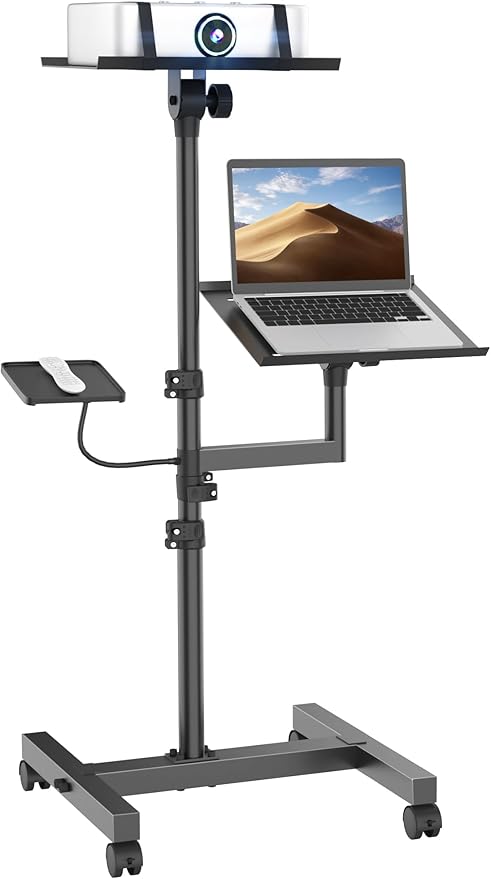 Projector and Laptop Stand Tripod, 2 Shelves Mobile Laptop Tripod Stand, Max 47" Height Adjustable Laptop Cart on Wheels, Projector Floor Stand with Ventilated Tray for Podium, Meeting, Couch
